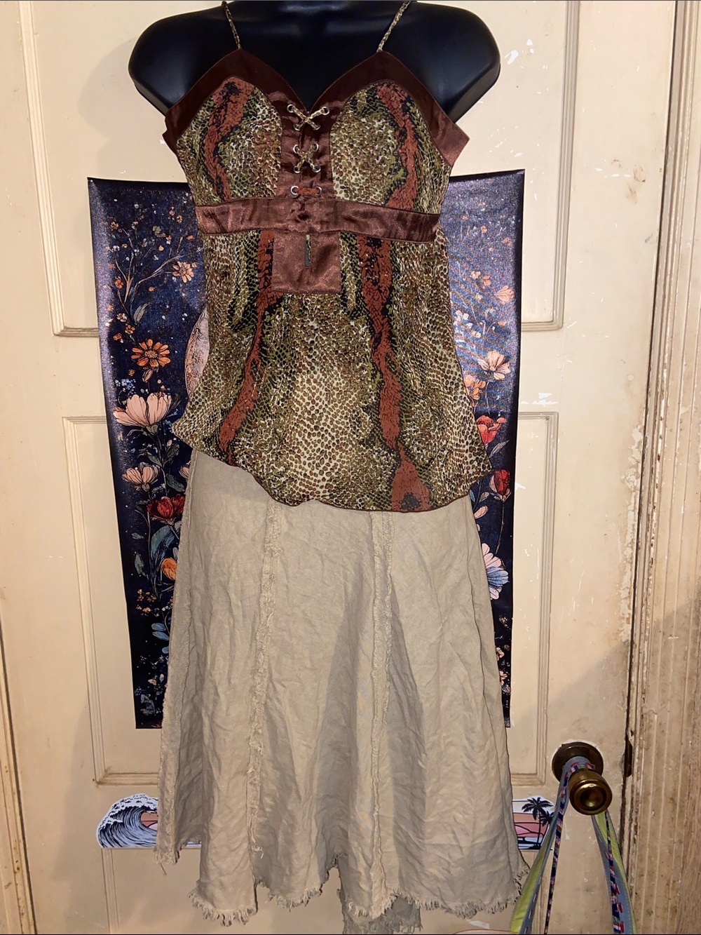 Y2K 2 PIECE OUTFIT SKIRT + TOP Snake Print Tan Raw Hem MUST SEE!